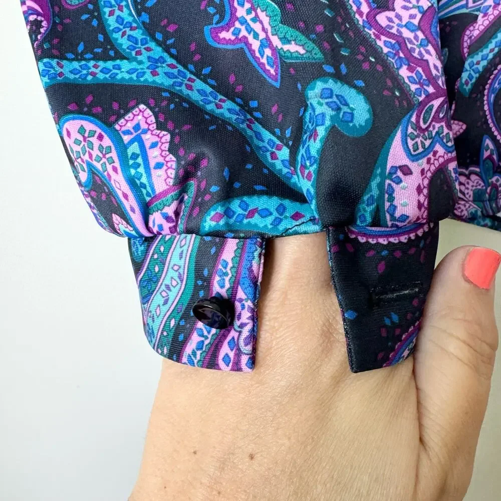 Blair VINTAGE purple teal monotone floral‎ paisley Pleated front blouse Size 12
